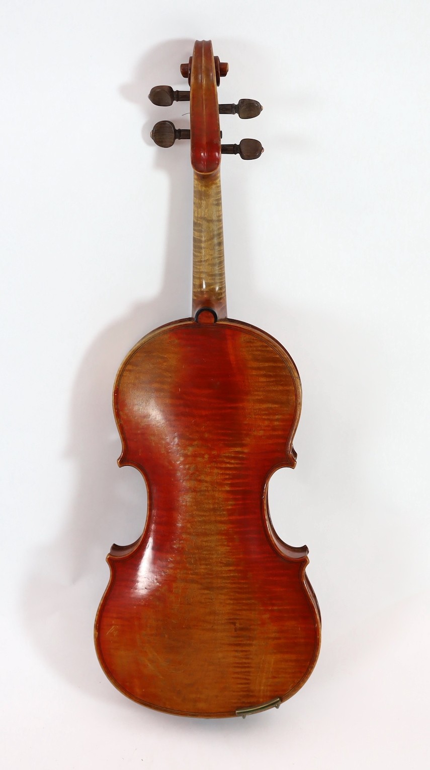 W.E.Hill & Son. An early 20th century violin bow, 74cm, violin back 37cm, overall is 59cm